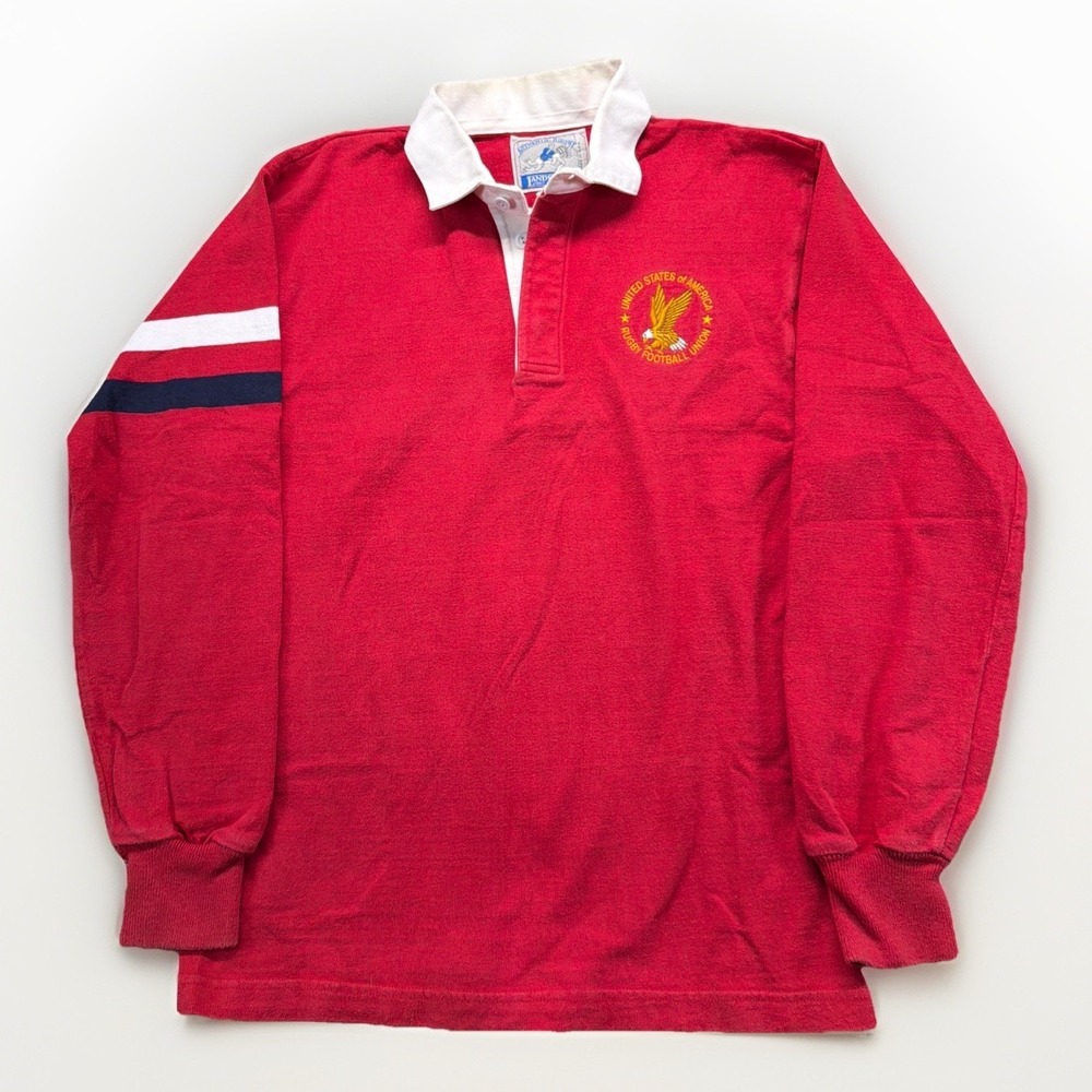 Vintage Lands End Mens Large USA Rugby Football Union Shirt Polo Red